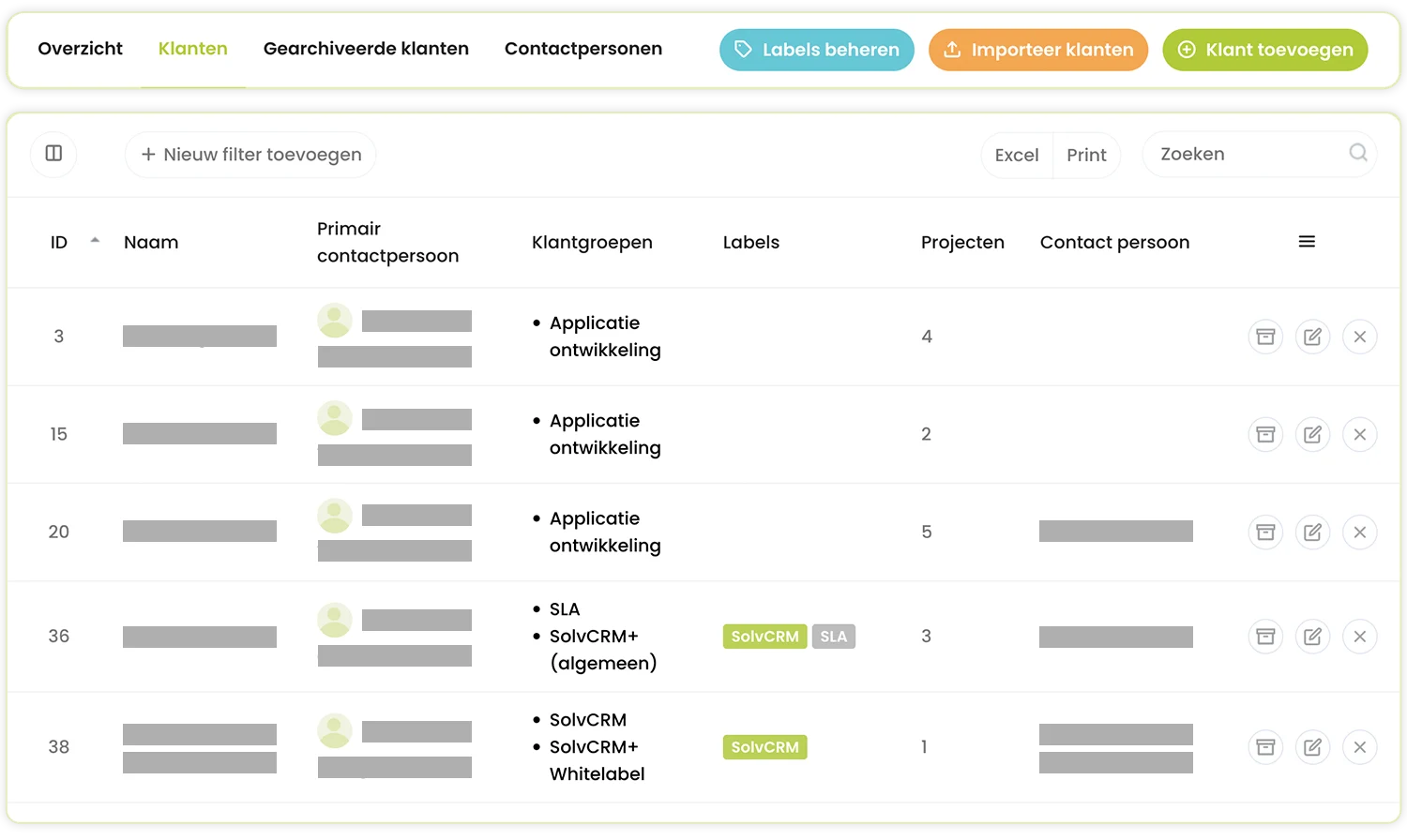 SolvCRM+ klantoverzicht met centrale relatie- en opdrachtinformatie