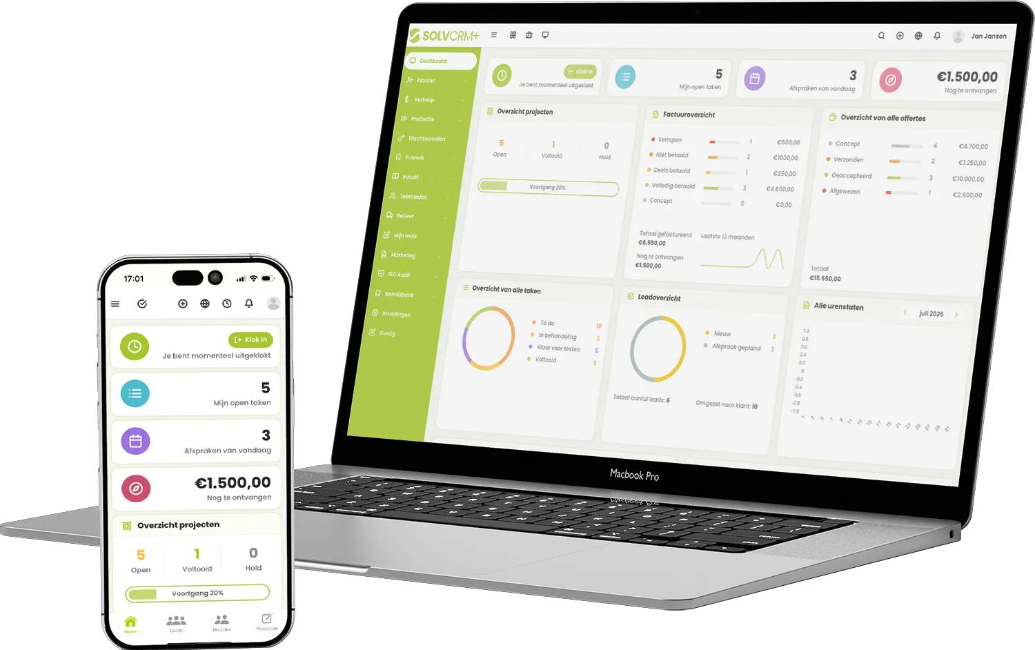 SolvCRM+ mobiel serviceproces met werkorders op smartphone en kantooroverzicht