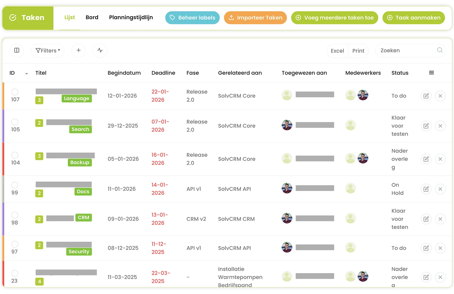 SolvCRM+ taken- en planningsoverzicht voor open werkzaamheden
