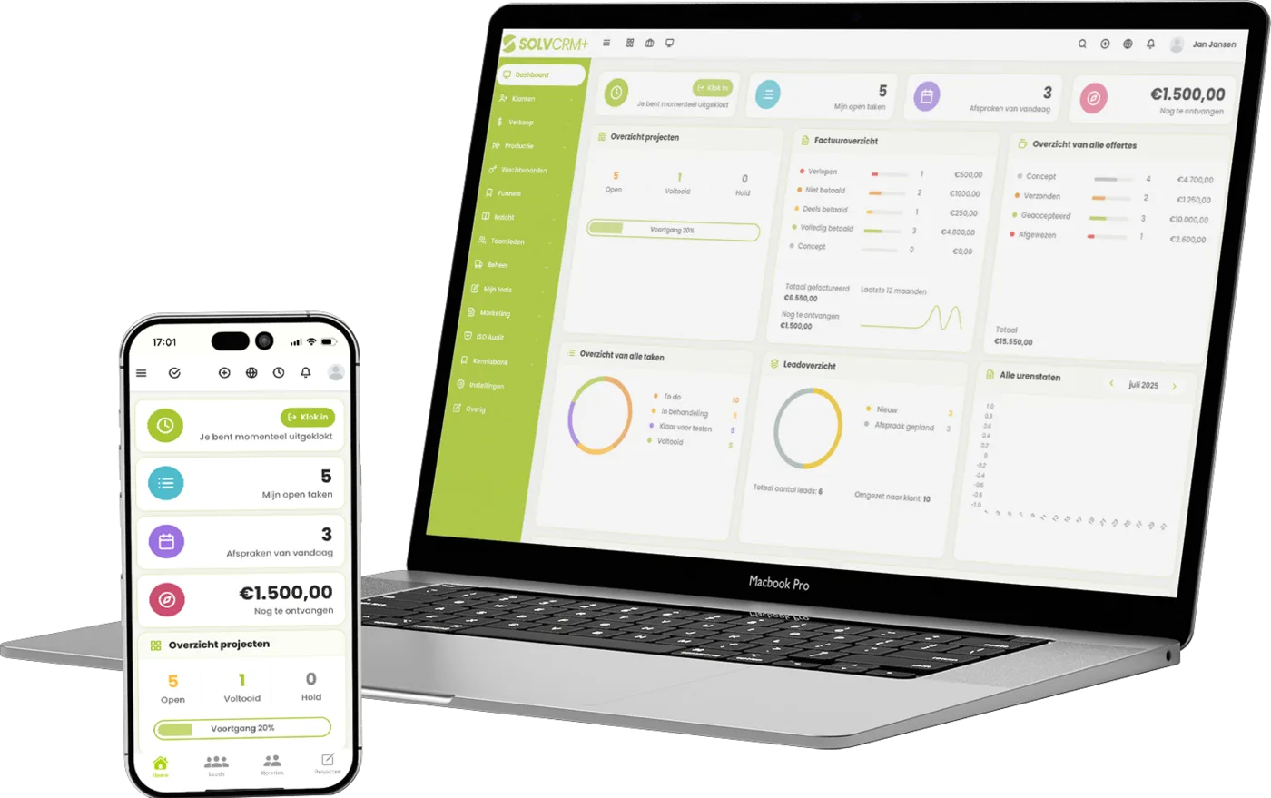 SolvCRM+ dashboard op desktop, tablet en smartphone voor operationele dienstverlening