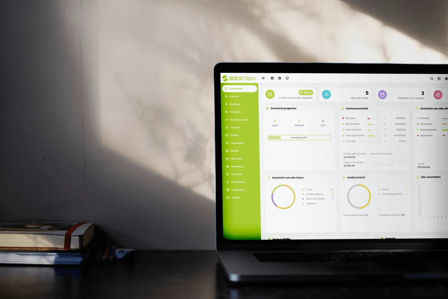 SolvCRM+ dashboard voor projecten, orders, planning en facturatie